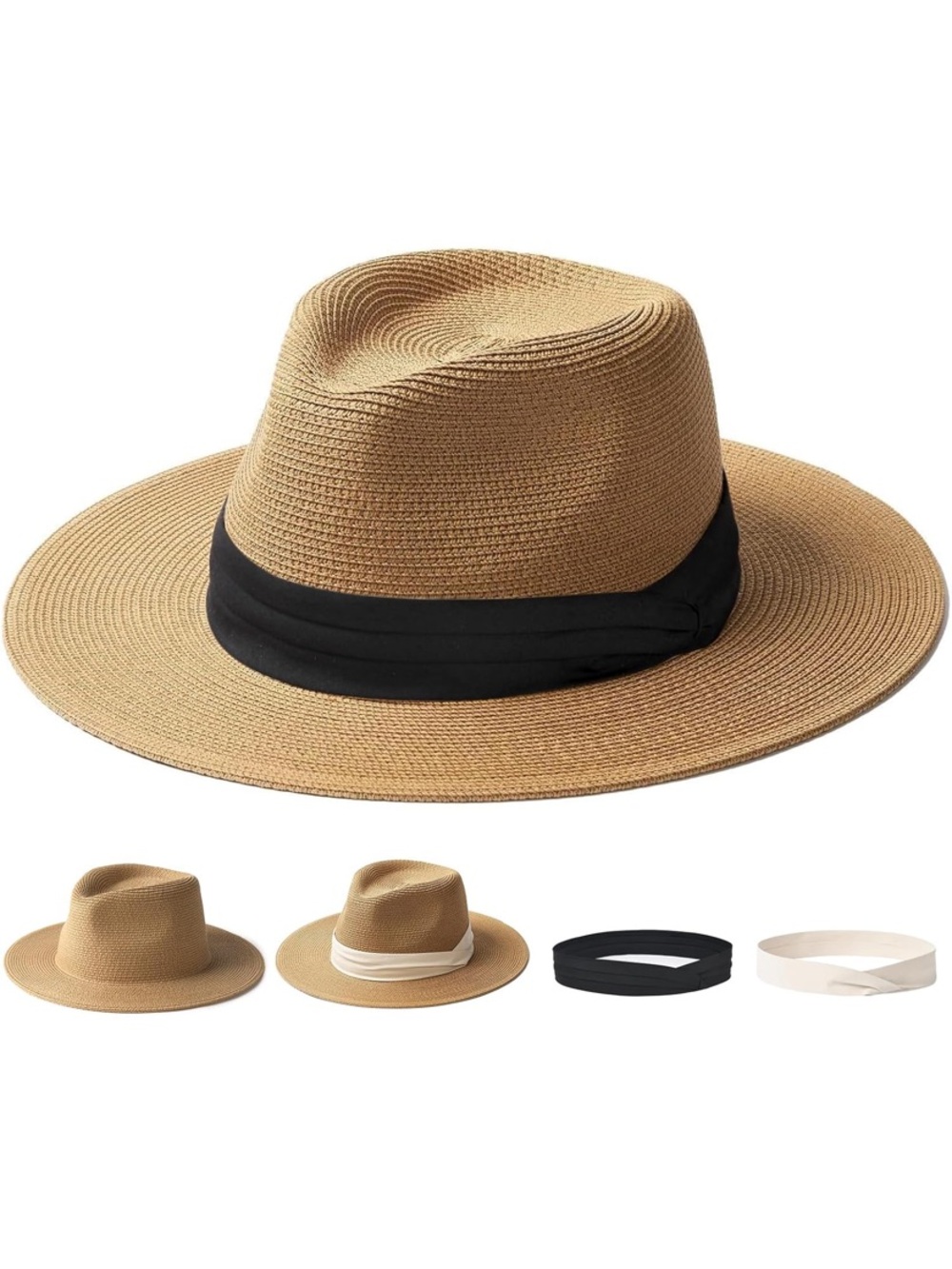 NWTWomen’s Wide-Brim Straw Fedora Hat with Interchangeable Bands - Tan UPF 80